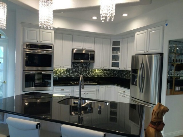 Black Galaxy With White Cabinets Backsplash Ideas