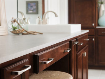 Dark Maple Bathroom Vanity Cabinets With White Countertops